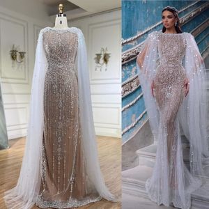 Gorgeous crystal Mermaid Chart Wedding Dress with tulle pearls cape wedding dresses Bridal Gowns champagne lining women robe mariage