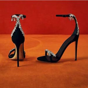 Frauen Designerin schwarze Sandalen Schuhe sexy Knöchelgurt Strass Strasshochschuh Sandalen Hochzeitsschuh kommen mit Schachtel 221m