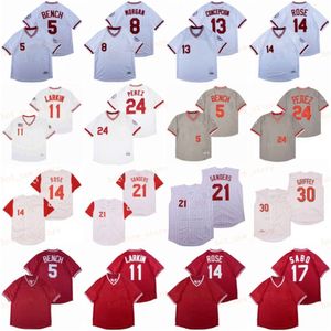 Pensionierte 5 Johnny Bench Baseball Trikot 8 Joe Morgan 11 Barry Larkin 13 Dave Concepcion 14 Pete Rose 17 Chris Sabo 21 Deion Sanders 24 Tony Perez Ken Griffey Vintage Retro