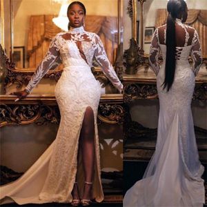 Plus Size Mermaid Wedding Dresses Bridal Gown 2021 High Neck Long Sleeves Applique Embroidery Side Split Illusion Corset Back Tulle Sat 2744