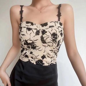 Women's Tanks Women Y2K Print Sexy Camisole Summer Sleeveless Elastic Waist Crop Top Slim Floral Lace Spaghetti Backless Short Tops 2024