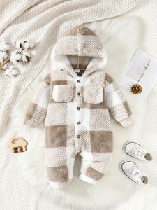 Baby Boys and Girls Plaid Romper Hooded Long Sleeved Plush Jumpsuit Winter Warm Bodysuit Clothes for 3-24 Months Toddler Boy 240512