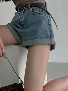 Calças de jeans feminino de jeans High-High Y2K WAISTE Women Summer 2024 Moda LOLHA A SLIET A Word Vintage Blue crimpador casual shorts de jeans casuais