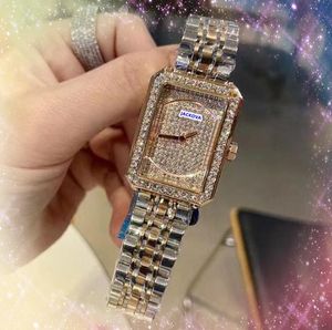 Fashion Square Two Pins Dial Dial Watch Quartz Full Aço inoxidável Relógio de alta qualidade Empresas de ouro rosa ouro prata céu estrelado diamantes Ring relógios presentes