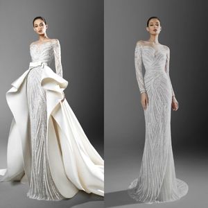 2021 Zuhair Murad Mermaid Wedding Dresses With Detachable Train Sheer Neck Long Sleeve Appliques Bridal Gowns Plus Size Wedding Dress 196B