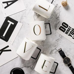 Mugs Golden English Letter White Ceramics With Spoon Lid Coffee Mug Milk Tea Office Cups Drinkware The Birthday Gift