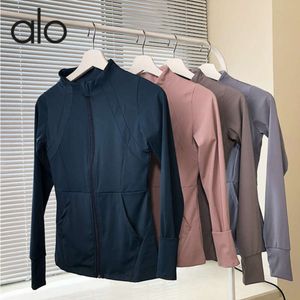 Desginer Als Yoga Aloe Jacket Top Shirt Clothe Short Woman Hoodie Autumnwinter Tight Fitness Coat Long Sleeve Standing Neck Sports Cardigan High Elastic Zipper Slim