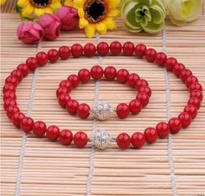 Donne fatte a mano039s 8mm a guscio rosso perla da 45 cm cravatta da 20 cm Bracciale set di moda gioiello 3848809