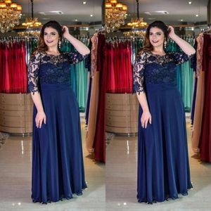 Plus Size Navy Blue A-Line Lace Mother of Bride Groom Dress Jewel Neck Chiffon Floor-Length 1 2 Sleeve Formal Dress Evening Gowns Custo 319z