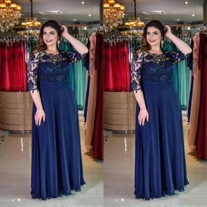 Plus Size Navy Blue A-Line Lace Mother of Bride Groom Dress Juvel Neck Chiffon Golvlängd 1 2 Sleeve Formal Dress Evening Gowns Custo 319Z