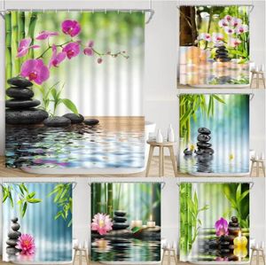 Cortinas de chuveiro cortina zen com rio verde rio lótus lotus stone vela spa paisagem folhas botânicas decoração de banheiro impresso