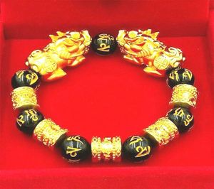 Feng shui obsidiyen taş boncuklar bilezik erkekler kadın unisex bileklik altın siyah pixiu servet ve iyi şanslar kadın mücevher bilezik5845545