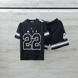 24SSヨーロッパUSAメンレタープリントティービーチジャージー男性OネックサマーメッシュTシャツ短袖TSHIRTショーツセットトラックスーツトランクス別々に販売0512