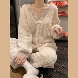 Hemkläder Autumn Winter Women Sleepwear Coral Velvet Pyjamas Set Cardigan Pant Two Piece Kawaii Clothes Loungewear Warm Flannel