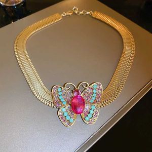 Pendant Necklaces Minar Punk Candy Color Rhinestones Butterfly Wings Pendant Necklace Golden Wide Herringbone Chain Chokers Necklaces for Women