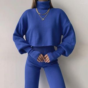 İş Elbiseleri Zarif Blugleneck Top Pullover Yüksek Bel Pantolon Takım Moda Sıcak İki Peice Setleri Sonbahar Kış Katı Örme Kazak Kıyafetleri