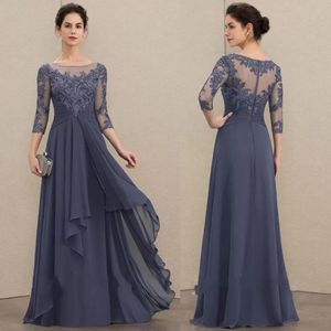 2023 Elegant marinblå aftonklänningar A-Line Scoop Neck golvlängd Chiffon Spets Mother of the Bride Dress med Cascading Ruffles Plus Siz 261n