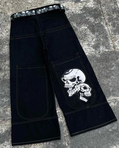 Jeans Men Hip Hop Punk Skull Print Baggy Y2K Baixa perna larga Denim calças Harajuku Calças casuais pretas Logo Goth Streetwear 240429