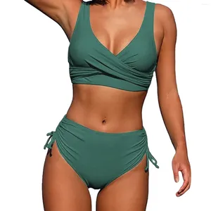 Women's Swimwear 2024 Women 2 Piece Swimsuits Solid Color Push Up Front Crossover Swim Top Bikinis Set High Waisted Bathing Suit Beachwear