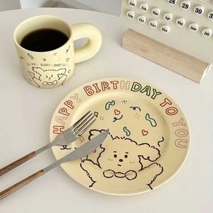 Coppe Saucers coreano Ins tazza in ceramica kawaii cucciolo di buon compleanno tazze da caffè e piattini piatti per cani da cane da animale