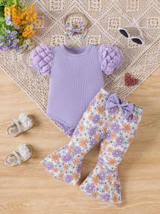 Kleidungssets Sommer Süßes Kleinkindmädchen Feste Farbgestrickte Blasenhülle Top Blumen Full Drucken ausgestaute Hosen zweiteiliger Set mit Kopftuch