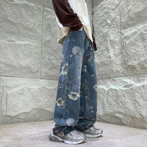 Workowate dżinsy kwiatowe męskie modne ultra-cienkie dżinsy na szerokie nogi dżinsy męskie ubranie uliczne Hip-hop luźne proste dżinsowe spodnie męskie spodnie s-xl 240430