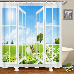 Cortinas de chuveiro Paisagem da primavera Flores do jardim de borboleta Corte à prova d'água poliéster Poliéster 3D Flor Princied Home Decoration