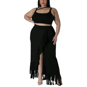 Kobiety maxi sukienki plus wielkości Tassel Summer Beach Dwupoziomowy spódnica seksowna asymetryczna wycinana frędzla Fringe High Slit Night Out Sets