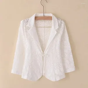 Women's Suits Blazer Jacket Summer Thin Cardigan Sun Protection Clothing Wearing Hollow Lace Three-quarter Sleeve Suit Tops Ladies