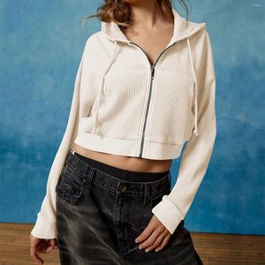 Kvinnors stickor chic våffla överdimensionerad tröja med blixtlås långärmad zip hoodie streetwear jacka kvinnliga korta tröjor outwear