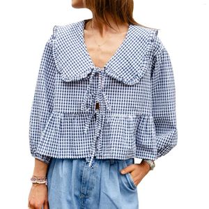 Bluzki damskie Summer Prairie Chic Sweet Shirt Print Print Lantern Long Rleeve Doll Kllar Bowel Front Loose Lose Peplum Tops