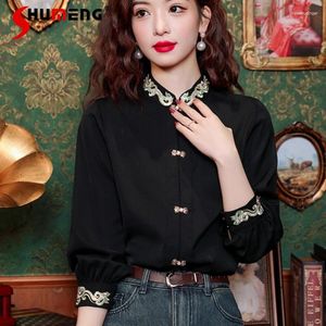Blouses femininos estilo chinês melhorou com a saia de cavalo Top Spring Roupas 2024 Bordado lindo camisa de chiffon Camisas
