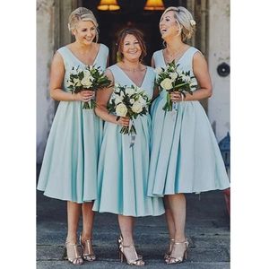 Baby Blue V Neck Bridesmaid Dresses Mermaid Tea Length Wedding Party Dress For Women Vestido De Festa 235U