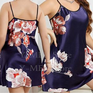 Kvinnors sömnkläder blå blommig tryck nattklänning plus storlek 3xl 4xl 5xl underkläder Lady Sexig Sling Nightdress Short Homedress Women Satin