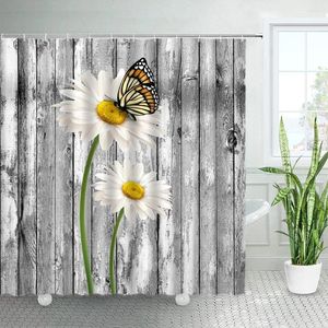 Zasłony prysznicowe białe stokrotki kwiaty motyla retro wiejska wiejska wiejska deska drewniana deska tkanina łazienka wystrój kurtyny z haczykami