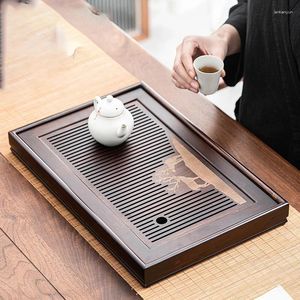 TEA TRAYS Square Luxury Bamboo Tray Drainage Solid Storage Woodentray Accessories Ceremony Bandeja Bambu Chinese Table