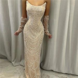 Dubai Arabic New Sexy Champagne Evening Dresses Strapless Mermaid Long Party Ocn Gowns With Full Pearls Beadings Vestidos BC18823