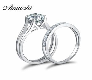 Ainoyhi 925 Sterling Silver 4 Prongs Engagement Bridal Ring Sets Sona Round Cut Wedding Anniversary Silver Bridal Ring Set Y20014636001