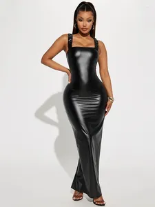 Vestidos casuais Mulheres Faux Leather Maxi Dress Strelth Bodycon Square pescoço PU bainha dividida cinto de ombro plissado Clubwear