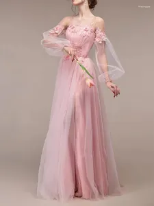 Party Dresses Pink Evening Gown Bridal 3D Flowers Lace Corset Dress Chiffon Long Balloon Sleeve Blush Festival Occasion