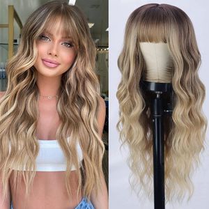 Lace wig hair European and American wig female long curly wig gradient color full bangs machine-made chemical fiber headgear high temperature silk wig