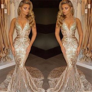 2020 luksusowe złote cekinowe sukienki na bal matrowe głębokie v szyja pociąg długą formalną okazję Specjalną okazją wieczorową imprezę