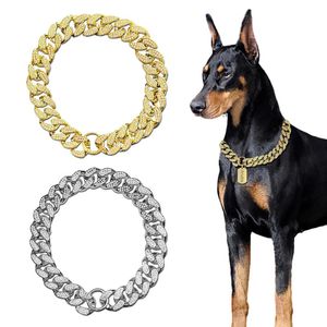 ABS Plastic Dog Collar Chain Diamond Inlay Sparkle Bulldog Necklace Cat Collars Pet Accessoarer Small Medium Large Dogs Golden 240511