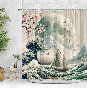 Duschvorhänge japanischer Vorhang Asiatische Landschaft Tinte Malerei Ozeanwellen Kirschblüten Vintage Polyester Stoff Badezimmer Dekor Dekor