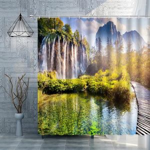 Tende per doccia foresta cascata tenda olio dipinto di olio paesaggio verde pianta d'albero set tessuto decorazioni da bagno casa con ganci