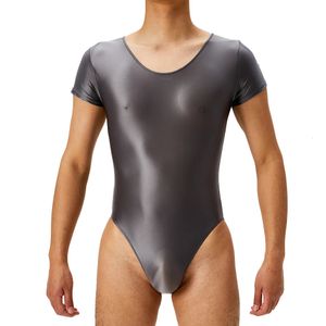 Mens Bodysuit Short Sleeve Oil Shiny High Cut Shapers Leotard Elastic Man Women Sexig underkläder Jumpsuit Underkläder 240430