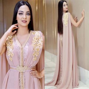 Blush Pink Beaded Muslim Long Evening Dresses Luxury Dubai Marockan Kaftan Dress Chiffon V Neck Formal Gown Evening Party Dresses 272C