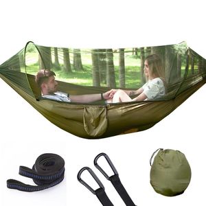 Utomhusmöbler vandring camping hängmatta med myggnät - lätt och bärbar nylon svängsäng för utomhusresor hängande hängmattor fällande 290*140 cm