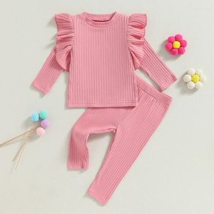 Giyim Setleri Bebek kız kız sonbahar kıyafetleri katı şeritli fırfırlı uzun kollu üst pantolonlar Set Sıradan 2 PCS kıyafet