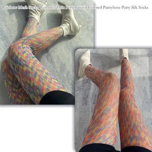 Women Socks Rainbow Striped Fishnet Tights Stockings Gradient Hollowed Out Thin Personalized Colored Pantyhose Party Silk